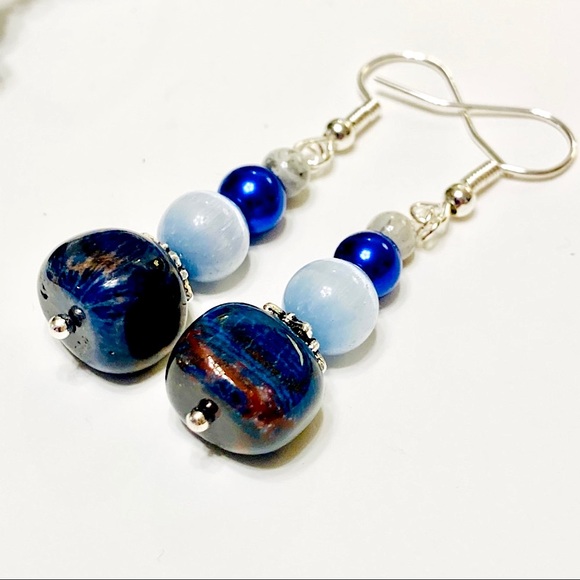 Navy Blue Brown & Gray Fossilized Coral Necklace & Matching Stone Earrings - Picture 5 of 14